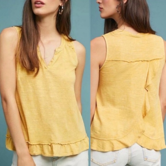 Anthropologie Maeve Ruffle Split Back Tank Yellow - Picture 1 of 7